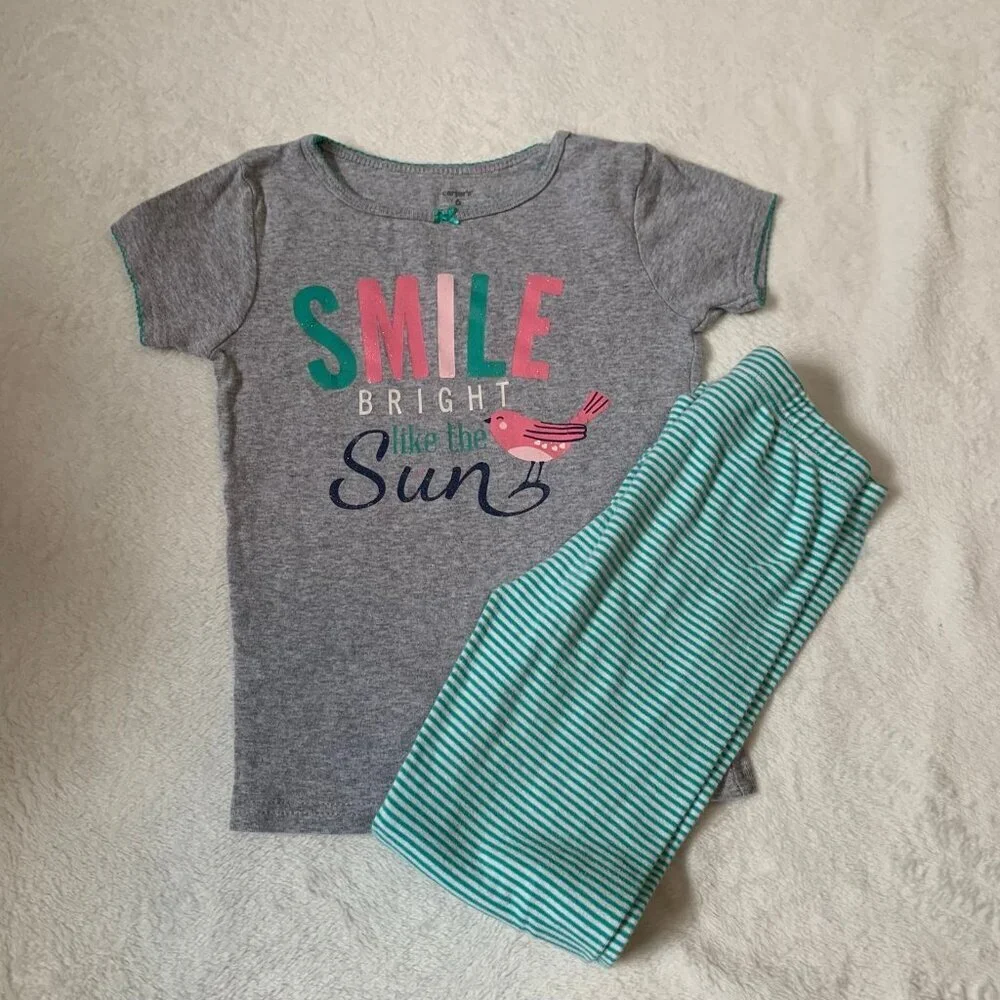 5/$25 Carter's Pajama Set Kids Size‎ 6 Gray Teal Smile Bright Sun Bird Stripes